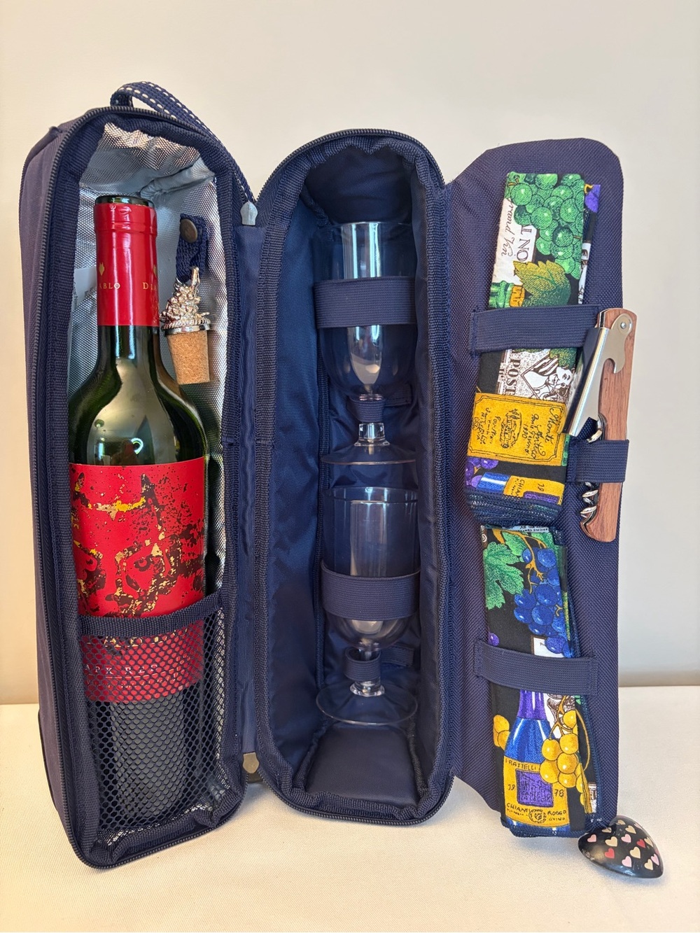 Picnic at Ascot Wine Bottle Insulated Tote Set - Glasses, Napkins & Corkscrew